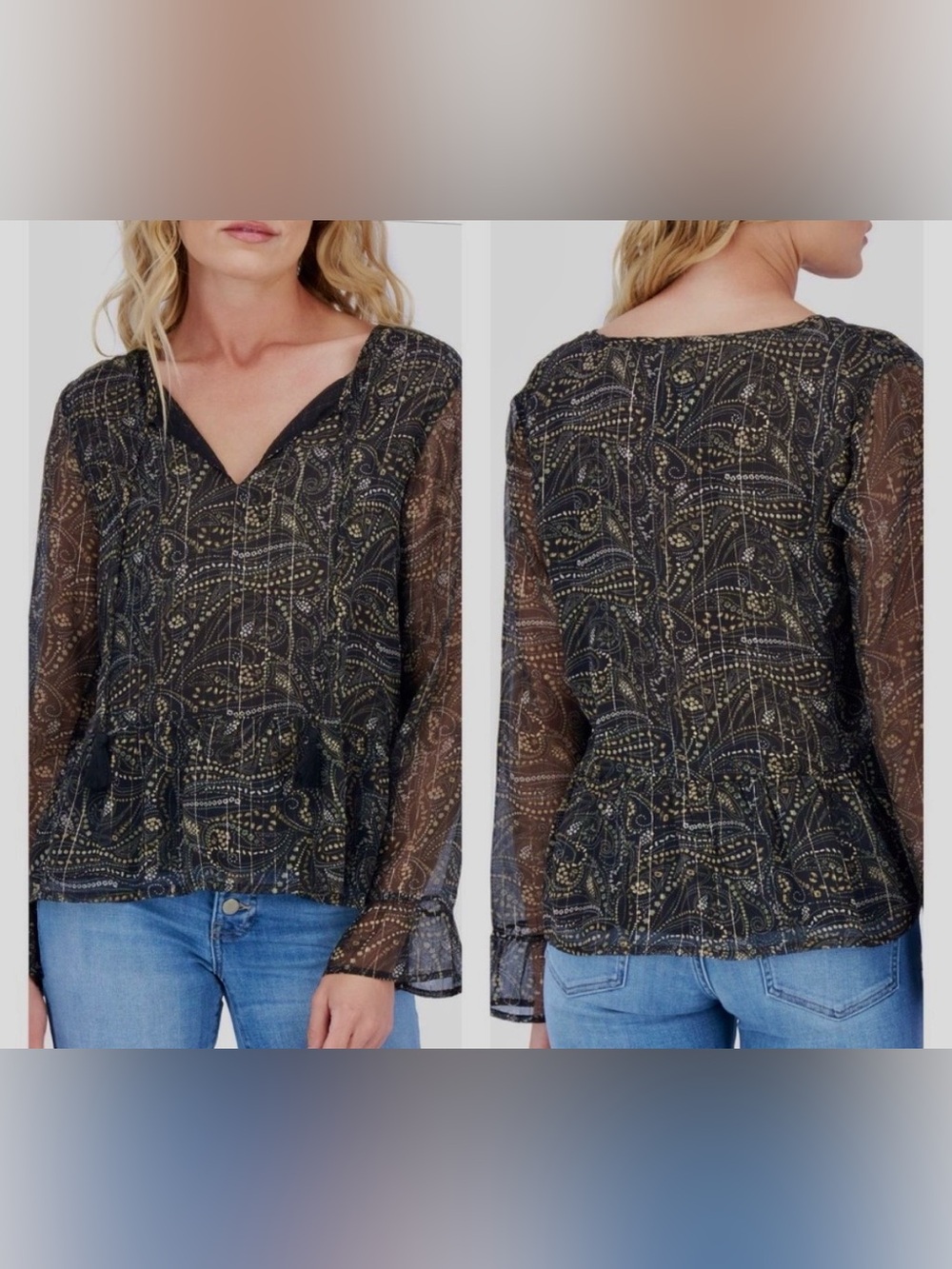 Lucky Brand Sheer Paisley Blouse with Gold Accents (NWT)